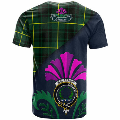 Scottish MacArthur Clan Crest Tartan T-Shirt - Scotland Thistle Style Back Side Tartan Plaid