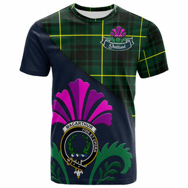 Scottish MacArthur Clan Crest Tartan T-Shirt - Scotland Thistle Style Front Side Tartan Plaid