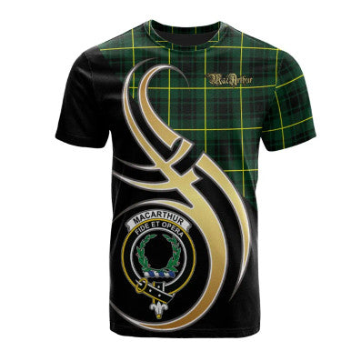 Scottish MacArthur Modern Clan Crest Tartan T-Shirt Believe in Me Front Side Tartan Plaid