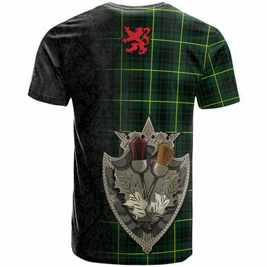Scottish MacArthur Modern Clan Tartan T-Shirt - Half Thistle Flowers Celtic Design Back Side Tartan Plaid