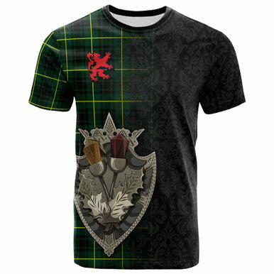 Scottish MacArthur Modern Clan Tartan T-Shirt - Half Thistle Flowers Celtic Design Front Side Tartan Plaid