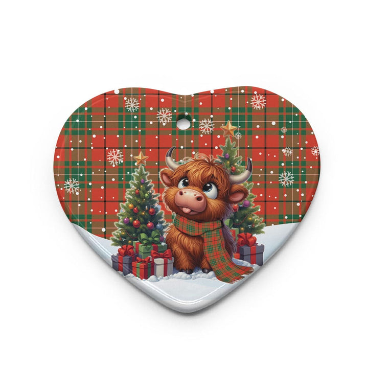 Scottish MacAulay Ancient Clan Tartan Ceramic Ornament Cute Highland Cow Christmas Heart Style Tartan Plaid