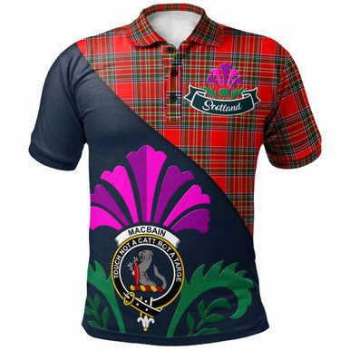 Scottish MacBain Clan Crest Tartan Polo Shirt - Scotland Thistle Style Front Side Tartan Plaid