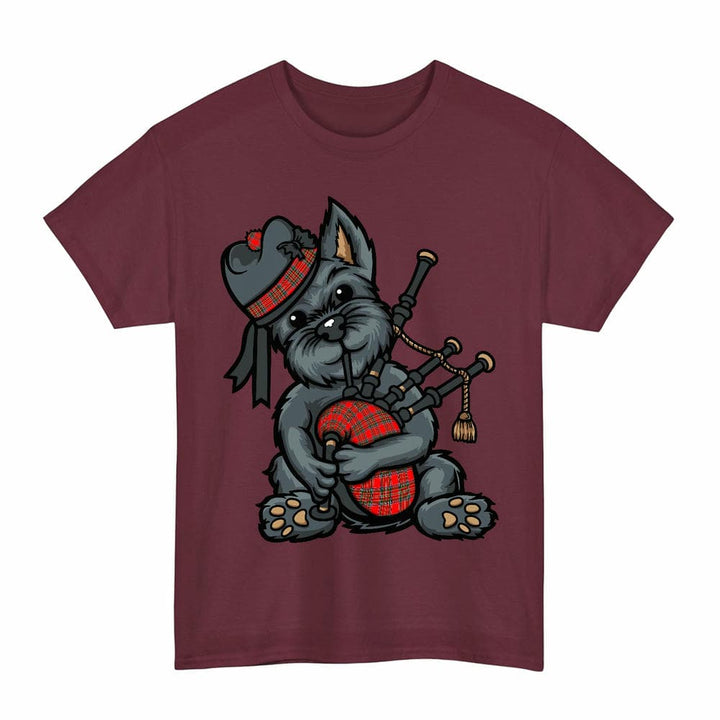 Scottish MacBean Modern Clan Tartan Terrier Bagpipes T-Shirt Tartan Plaid Maroon Color