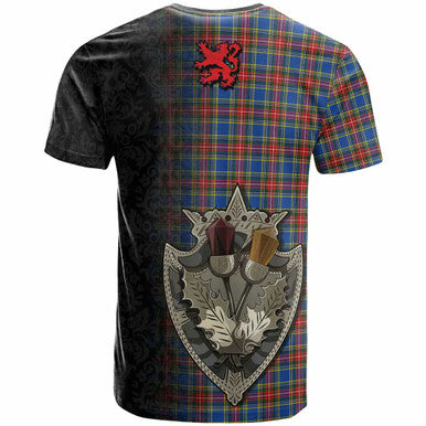 Scottish MacBeth Modern Clan Tartan T-Shirt - Half Thistle Flowers Celtic Design Back Side Tartan Plaid