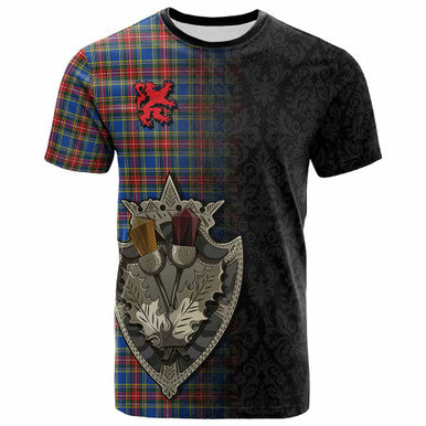 Scottish MacBeth Modern Clan Tartan T-Shirt - Half Thistle Flowers Celtic Design Front Side Tartan Plaid