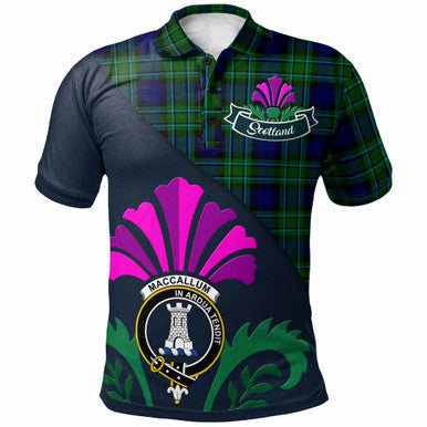 Scottish MacCallum Clan Crest Tartan Polo Shirt - Scotland Thistle Style Front Side Tartan Plaid