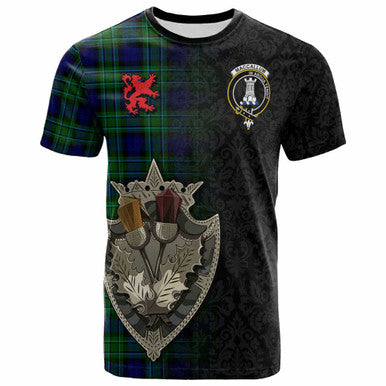 Scottish MacCallum Clan Crest Tartan T-Shirt - Half Thistle Flowers Celtic Design Front Side Tartan Plaid