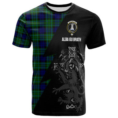 Scottish MacCallum Clan Crest Tartan T-Shirt - Lion Rampant Celtic Cross Flash Style Front Side Tartan Plaid