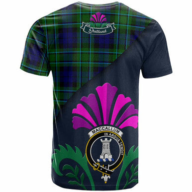 Scottish MacCallum Clan Crest Tartan T-Shirt - Scotland Thistle Style Back Side Tartan Plaid