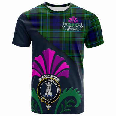 Scottish MacCallum Clan Crest Tartan T-Shirt - Scotland Thistle Style Front Side Tartan Plaid
