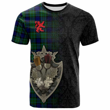 Scottish MacCallum Modern Clan Tartan T-Shirt - Half Thistle Flowers Celtic Design Front Side Tartan Plaid