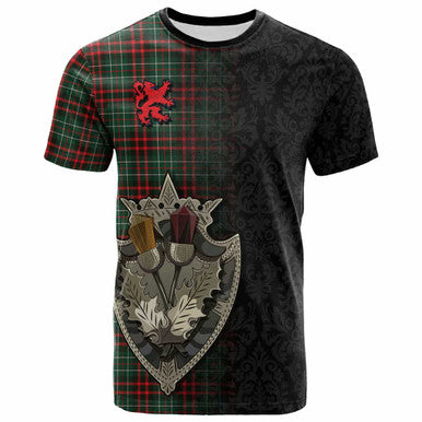 Scottish MacDiarmid Modern Clan Tartan T-Shirt - Half Thistle Flowers Celtic Design Back Side Tartan Plaid