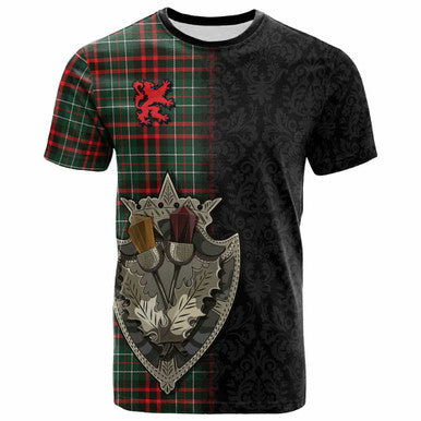 Scottish MacDiarmid Modern Clan Tartan T-Shirt - Half Thistle Flowers Celtic Design Front Side Tartan Plaid