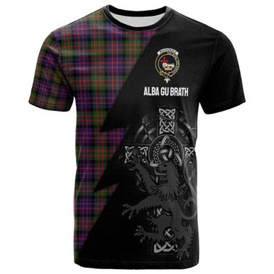 Scottish MacDonald (Clan Donald) Clan Crest Tartan T-Shirt - Lion Rampant Celtic Cross Flash Style Front Side Tartan Plaid