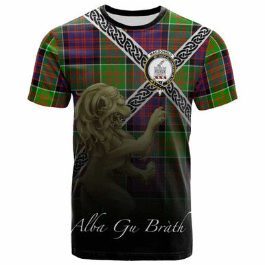 Scottish MacDonald (Clan Ranald) Clan Crest Tartan T-Shirt - Celtic With Scotland Lion Front Side Tartan Plaid