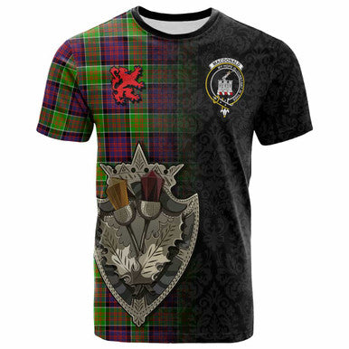 Scottish MacDonald (Clan Ranald) Clan Crest Tartan T-Shirt - Half Thistle Flowers Celtic Design Front Side Tartan Plaid