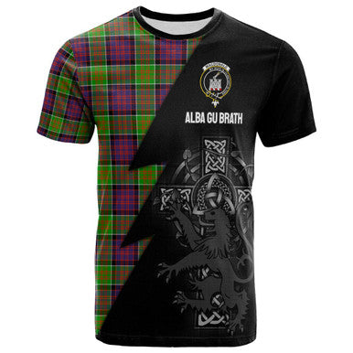 Scottish MacDonald (Clan Ranald) Clan Crest Tartan T-Shirt - Lion Rampant Celtic Cross Flash Style Front Side Tartan Plaid