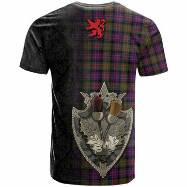 Scottish MacDonald Modern Clan Tartan T-Shirt - Half Thistle Flowers Celtic Design Back Side Tartan Plaid