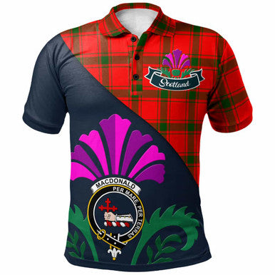 Scottish MacDonald (of Sleat) Clan Crest Tartan Polo Shirt - Scotland Thistle Style Front Side Tartan Plaid