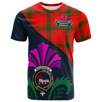 Scottish MacDonald (of Sleat) Clan Crest Tartan T-Shirt - Scotland Thistle Style Front Side Tartan Plaid