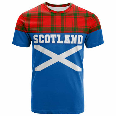 Scottish MacDonald of Sleat Clan Tartan T-Shirt - Lion Rampant of Scotland With Flag Front Side Tartan Plaid