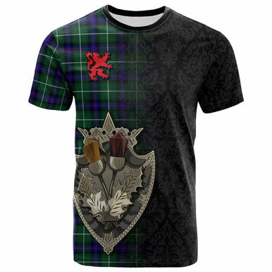 Scottish MacDonald of the Isles Hunting Modern Clan Tartan T-Shirt - Half Thistle Flowers Celtic Design Front Side Tartan Plaid