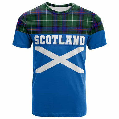 Scottish MacDonald of the Isles Hunting Modern Clan Tartan T-Shirt - Lion Rampant of Scotland With Flag Front Side Tartan Plaid