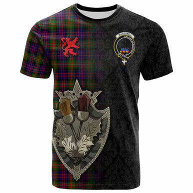 Scottish MacDonell of Glengarry Clan Crest Tartan T-Shirt - Half Thistle Flowers Celtic Design Front Side Tartan Plaid