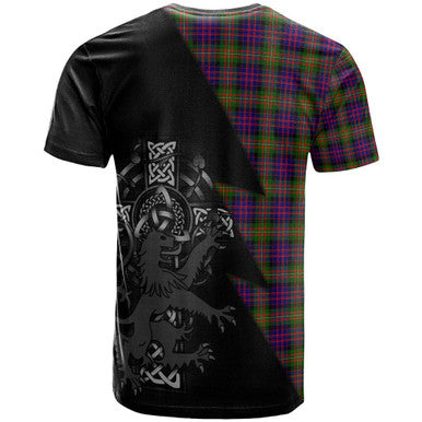 Scottish MacDonell of Glengarry Clan Crest Tartan T-Shirt - Lion Rampant Celtic Cross Flash Style Back Side Tartan Plaid