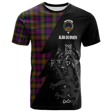 Scottish MacDonell of Glengarry Clan Crest Tartan T-Shirt - Lion Rampant Celtic Cross Flash Style Front Side Tartan Plaid