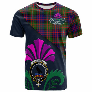 Scottish MacDonell of Glengarry Clan Crest Tartan T-Shirt - Scotland Thistle Style Front Side Tartan Plaid