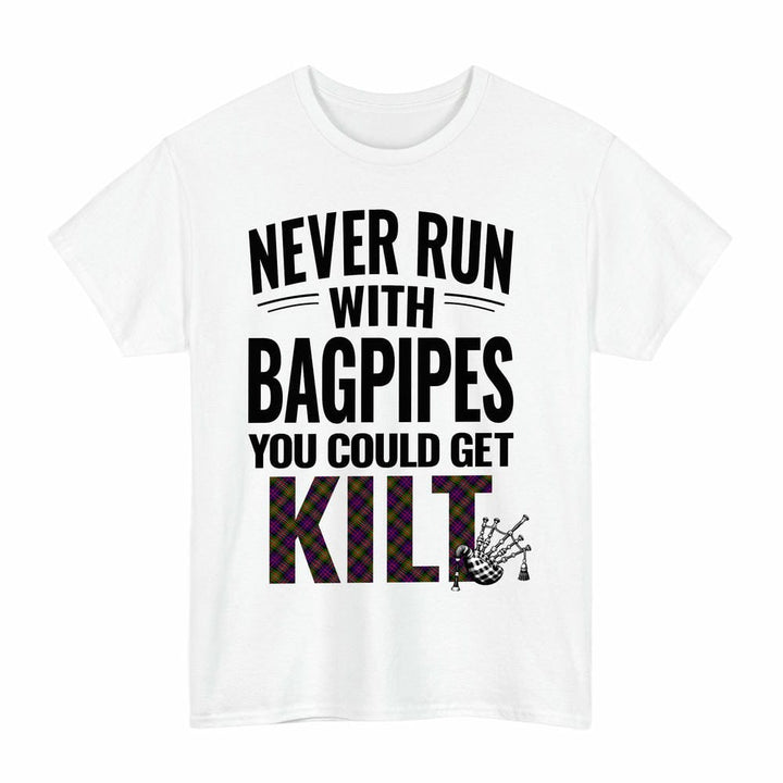 Scottish MacDonnell of Glengarry Modern Clan Tartan Never Run With Bagpipes T-Shirt Tartan Plaid White Color