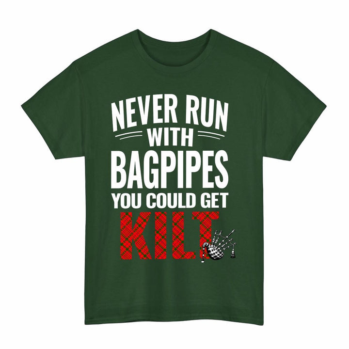 Scottish MacDonnell of Keppoch Modern Clan Tartan Never Run With Bagpipes T-Shirt Tartan Plaid Forest Green Color