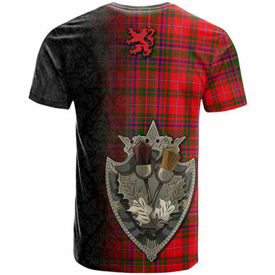 Scottish MacDougall Clan Crest Tartan T-Shirt - Half Thistle Flowers Celtic Design Back Side Tartan Plaid