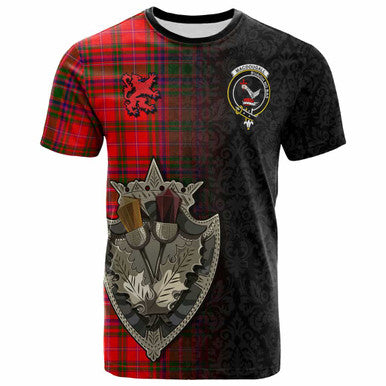 Scottish MacDougall Clan Crest Tartan T-Shirt - Half Thistle Flowers Celtic Design Front Side Tartan Plaid