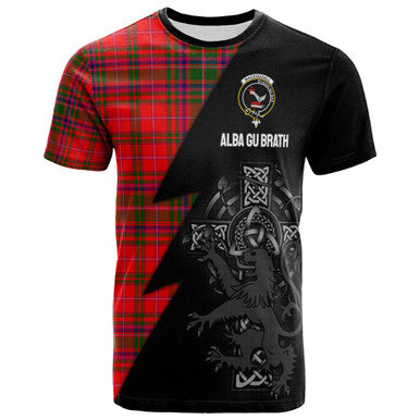 Scottish MacDougall Clan Crest Tartan T-Shirt - Lion Rampant Celtic Cross Flash Style Front Side Tartan Plaid