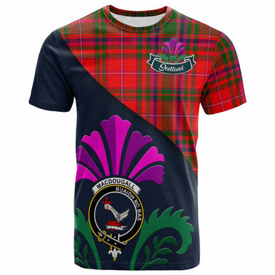 Scottish MacDougall Clan Crest Tartan T-Shirt - Scotland Thistle Style Front Side Tartan Plaid