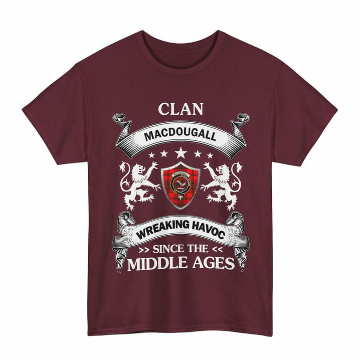 Scottish MacDougall Clan Crest Tartan T-Shirt Wreaking Havoc Design Tartan Plaid Maroon Color