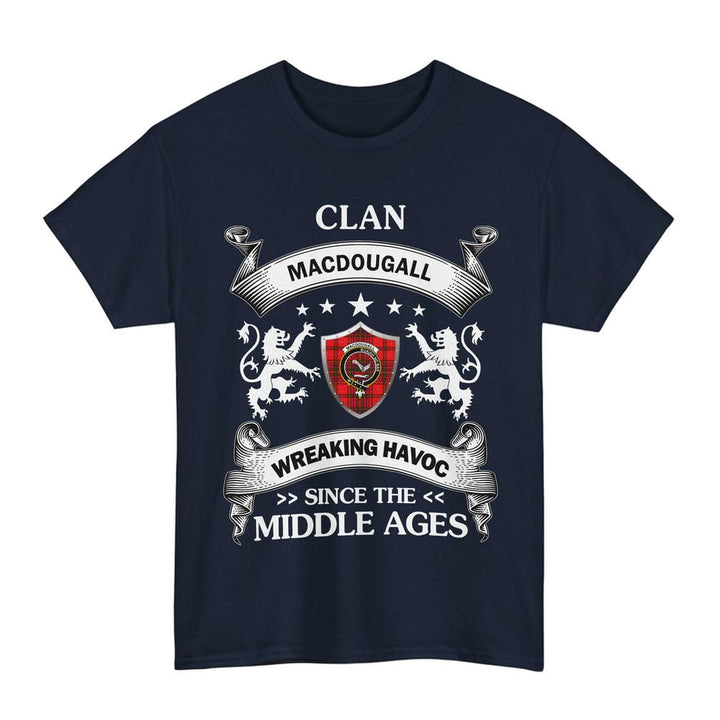 Scottish MacDougall Clan Crest Tartan T-Shirt Wreaking Havoc Design Tartan Plaid Navy Color