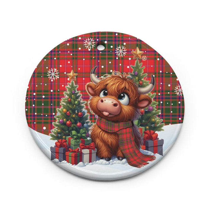 Scottish MacDougall Modern Clan Tartan Ceramic Ornament Cute Highland Cow Christmas Circle Style Tartan Plaid