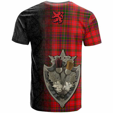 Scottish MacDougall Modern Clan Tartan T-Shirt - Half Thistle Flowers Celtic Design Back Side Tartan Plaid