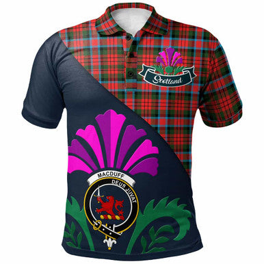Scottish MacDuff Clan Crest Tartan Polo Shirt - Scotland Thistle Style Front Side Tartan Plaid