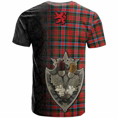 Scottish MacDuff Clan Crest Tartan T-Shirt - Half Thistle Flowers Celtic Design Back Side Tartan Plaid