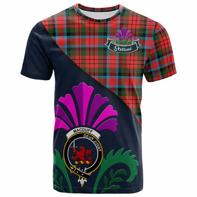 Scottish MacDuff Clan Crest Tartan T-Shirt - Scotland Thistle Style Front Side Tartan Plaid