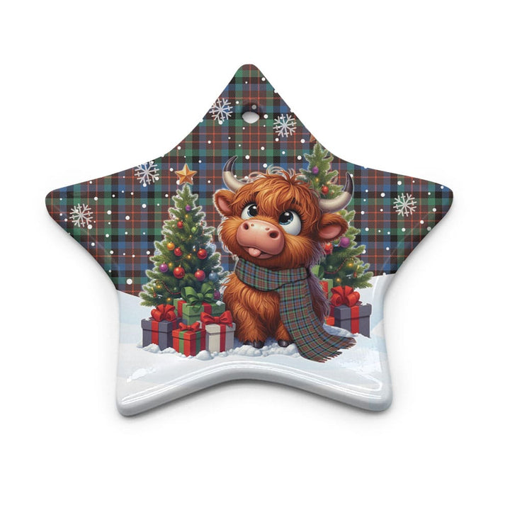 Scottish MacDuff Hunting Ancient Clan Tartan Ceramic Ornament Cute Highland Cow Christmas Star Style Tartan Plaid