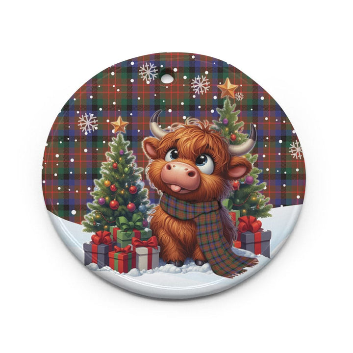 Scottish MacDuff Hunting Modern Clan Tartan Ceramic Ornament Cute Highland Cow Christmas Circle Style Tartan Plaid