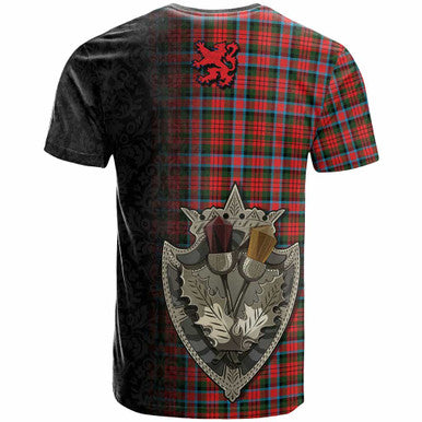 Scottish MacDuff Modern Clan Tartan T-Shirt - Half Thistle Flowers Celtic Design Back Side Tartan Plaid