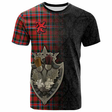Scottish MacDuff Modern Clan Tartan T-Shirt - Half Thistle Flowers Celtic Design Front Side Tartan Plaid