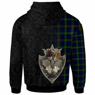 Scottish MacEwen Clan Crest Tartan Hoodie - Half Thistle Flowers Celtic Design Back Side Tartan Plaid
